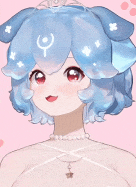 a girl with blue hair has a red nose and a crescent moon on her head