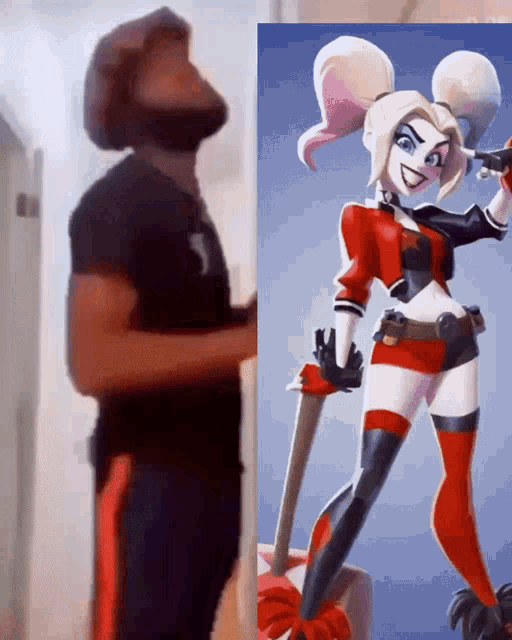 a man is standing next to a picture of harley quinn holding a bat