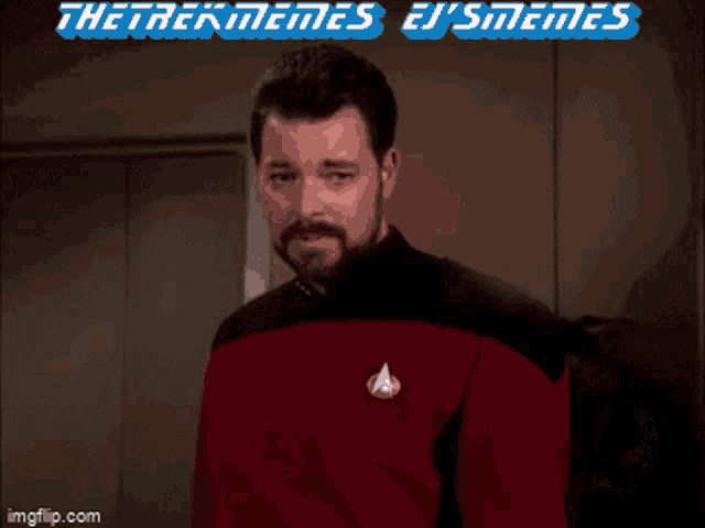 a man in a red shirt is standing in front of a door that says the trek memes on it
