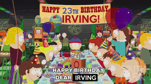 a group of cartoon characters gathered around a table with a banner that reads happy 23th birthday irving