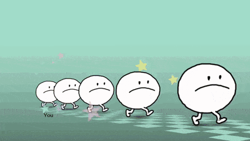a group of cartoon characters are walking in a line and one of them has a sad face on it