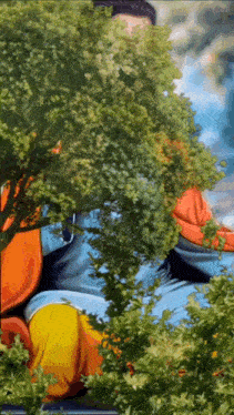 a painting of a person sitting under a tree with a blue sky in the background