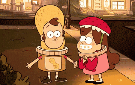 a couple of cartoon characters standing next to each other one of whom is dressed as a peanut butter jar
