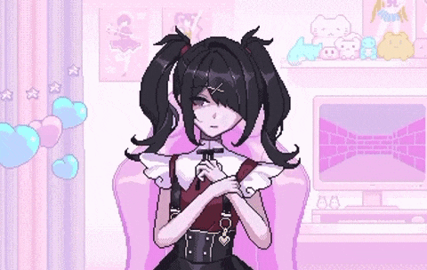 a pixel art of a girl sitting in a chair making a heart shape with her hands .