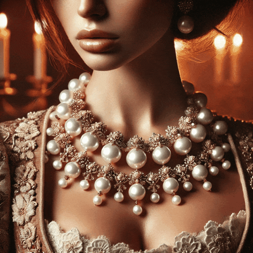 a woman wearing a pearl necklace and earrings stands in front of candles