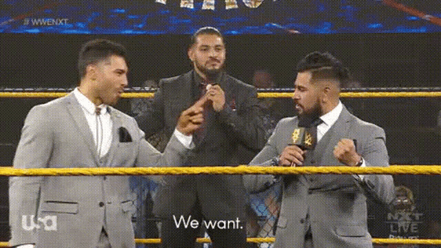 two men in suits are standing in a wrestling ring talking to each other and one of them is holding a microphone .
