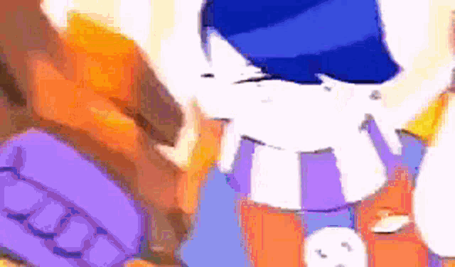 a pixelated image of a cartoon character with a purple shirt on