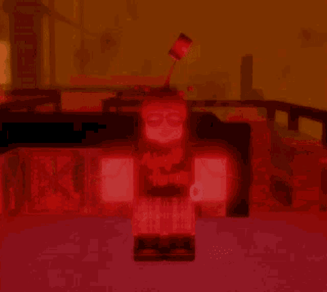 a girl with a hammer on her head is standing in a dark room with red lights