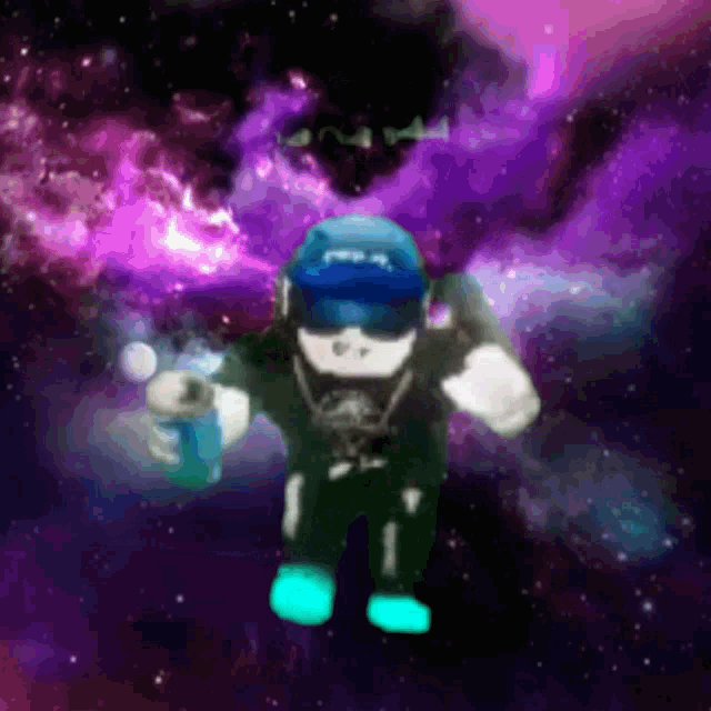 a roblox character is flying through a galaxy holding a can of soda