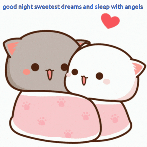 a cartoon of two cats hugging with the words good night sweetest dreams and sleep with angels