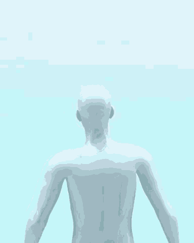 the back of a mannequin with a blue background