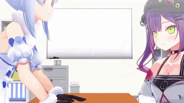 two anime girls are sitting at a table and talking to each other