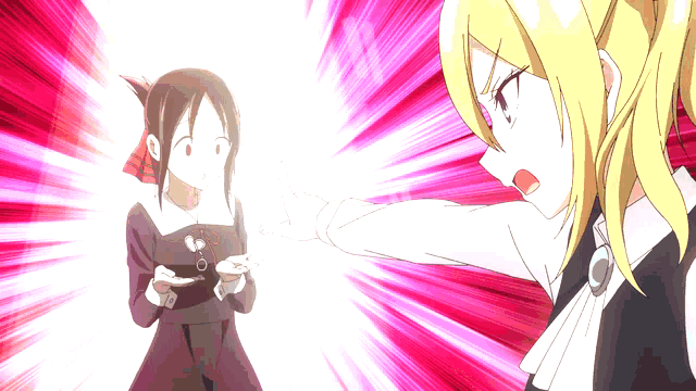a couple of anime girls standing next to each other with a pink background
