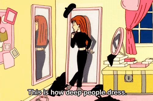 a cartoon of a girl standing in front of a mirror with the words this is how deep people dress
