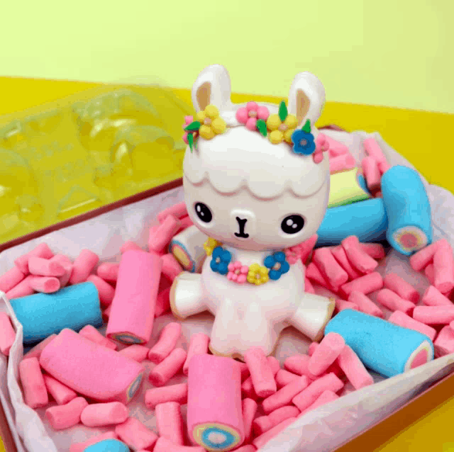 a toy llama is surrounded by pink and blue candy