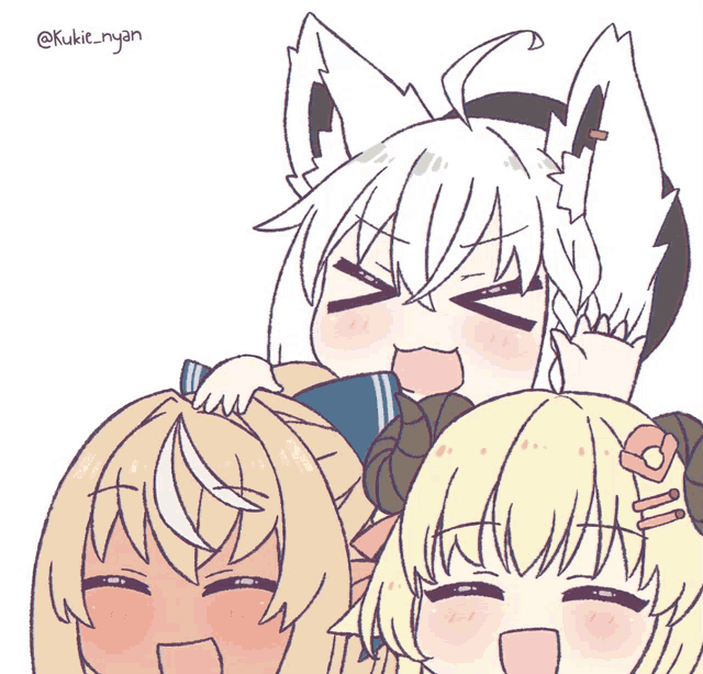 a drawing of three anime characters with the name kukir_nyan on the bottom left
