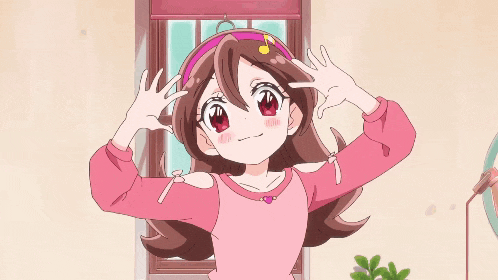 a girl in a pink shirt is standing in front of a window with her arms outstretched
