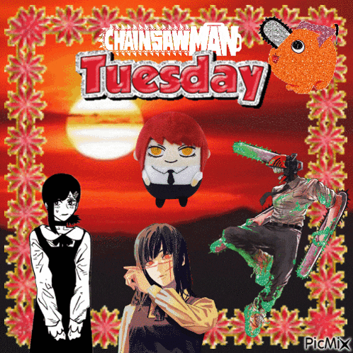 a poster for chainsaw man tuesday shows a man holding a chainsaw
