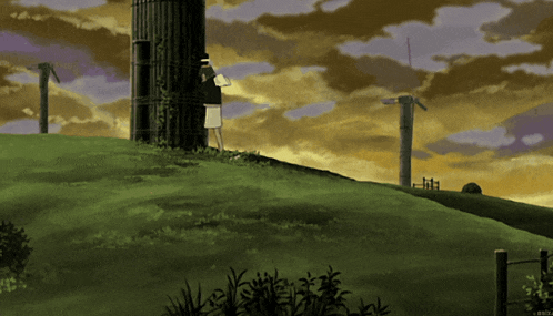 a drawing of a person standing on top of a hill