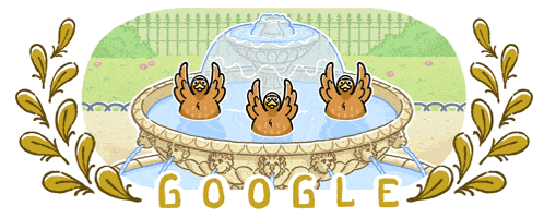 a fountain with three sloths in it and the word google