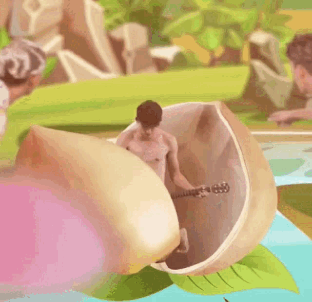 a man is playing a guitar in a peach shell