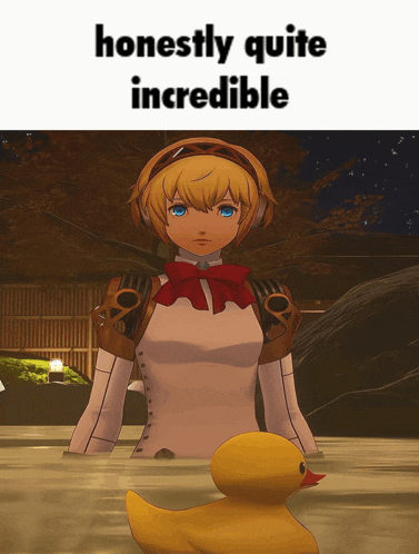 a girl in a bathtub next to a rubber duck with the words honestly quite incredible above her