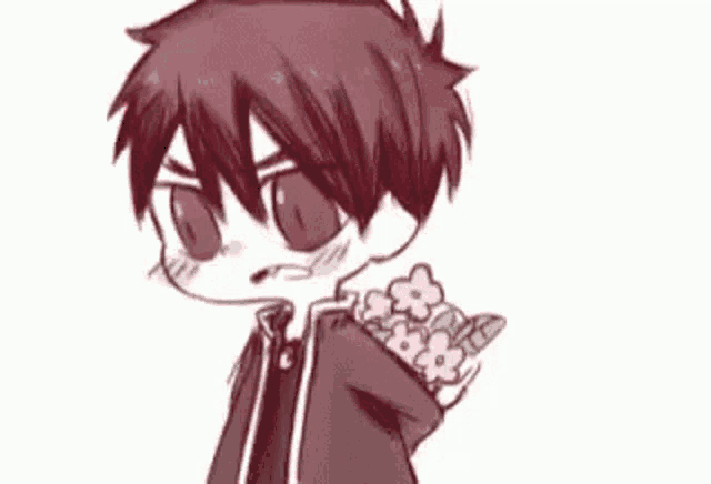 a drawing of a boy holding a bouquet of flowers .