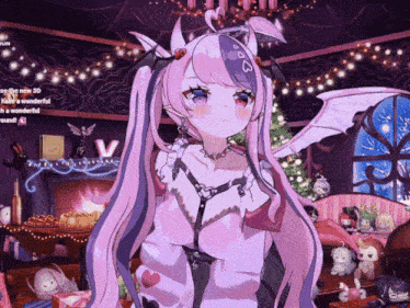 a girl with pink hair and horns is standing in front of a fireplace