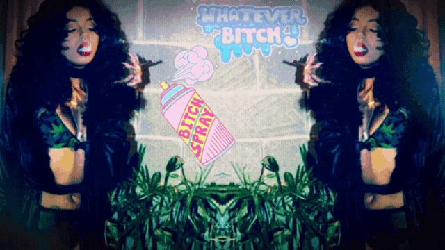a woman is standing in front of a spray can that says " bitch spray "
