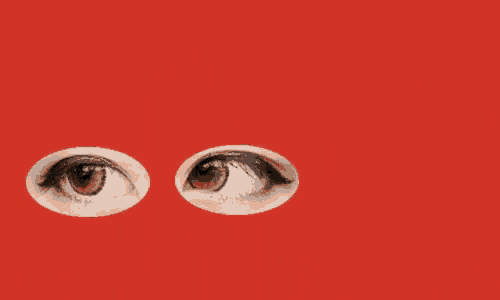 a close up of a woman 's eye on a red background