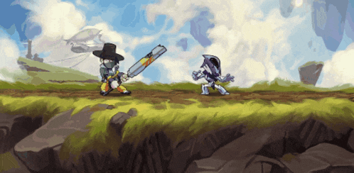 a cartoon of a man with a sword and a robot with a sword