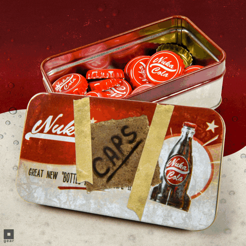 a tin of nuka cola bottle caps sits open