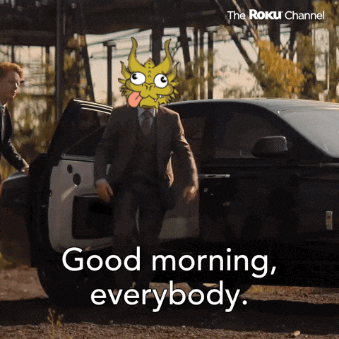 a cartoon of a man getting out of a car with the words " good morning everybody " below him