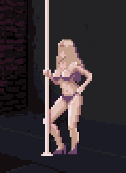 a pixel art drawing of a woman in a bikini standing next to a pole