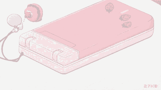a pink cell phone with strawberries on it and a pair of headphones .