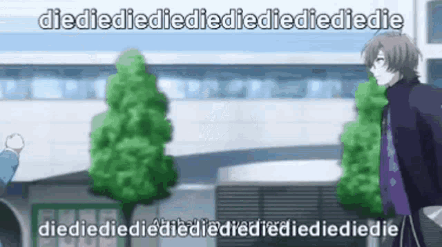 a man in a black jacket is standing in front of a building with trees in the background .