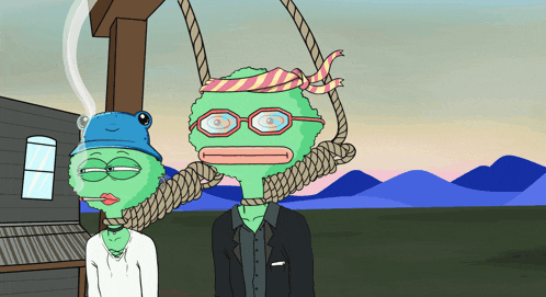 a cartoon of a man with a frog hat smoking a cigarette and another man with a rope around his neck