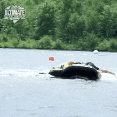 Holding On To The Inflatable Boat Julie Tower GIF - Holding On To The Inflatable Boat Julie Tower Canadas Ultimate Challenge GIFs