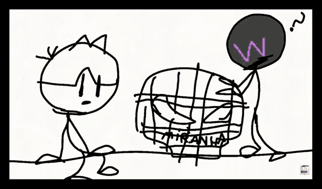 a drawing of two stick figures standing next to a cage with a frog in it