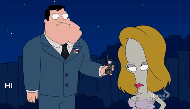 a cartoon of a man holding a cell phone next to a woman with a global hd logo