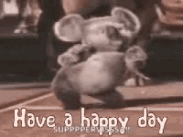 a koala bear is dancing in a black and white photo with the words `` have a happy day '' .