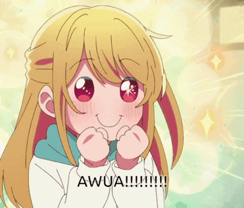 a girl with blonde hair and red eyes is smiling with the words awa written below her