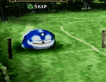 a video game screen shows a blue and white cartoon character on a field with the word skip in the corner