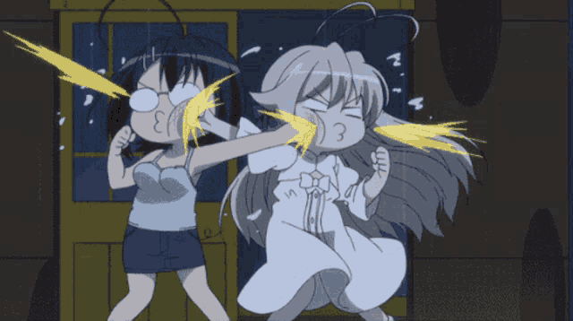 a cartoon drawing of two girls with the number 3 on their face