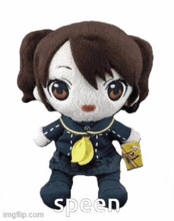 a stuffed doll with a banana around her neck has the word speen written on it