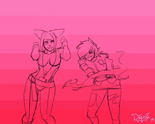 a drawing of two women dancing with the date 14 on the bottom right