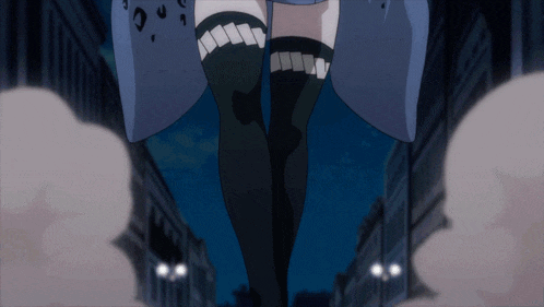 a person wearing thigh high socks and a blue jacket