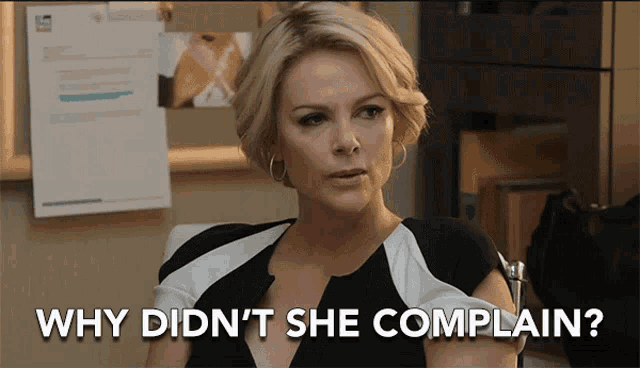 a woman in a black and white dress says why did n't she complain