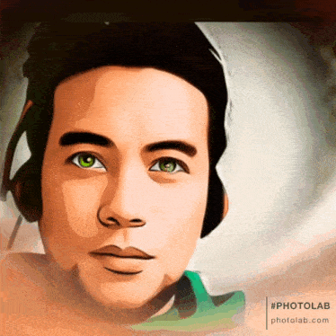 a cartoon drawing of a man with green eyes and headphones on