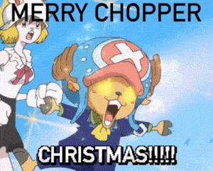 a merry chopper christmas poster with a cartoon character and a woman